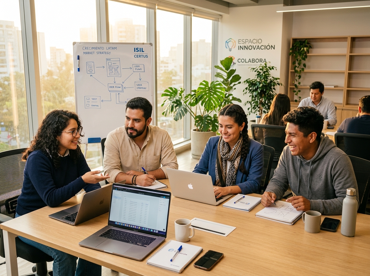 J&oacute;venes emprendedores peruanos colaborando en un coworking moderno, con laptops y pizarras — Skool Co.